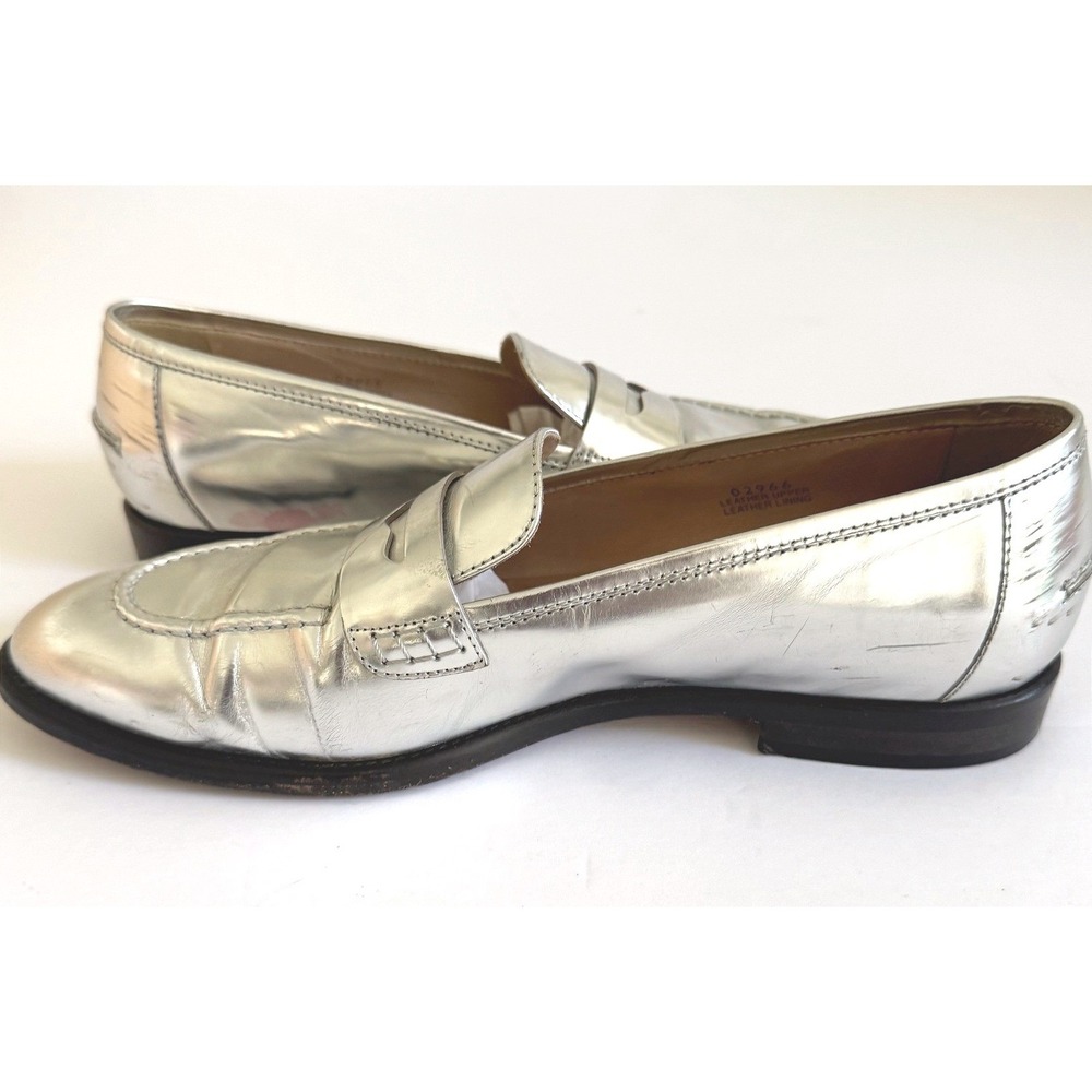 J.Crew Penny Loafers Size 9 Silver Metallic Leather Made in Italy Dark Academia